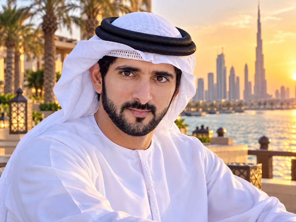 Fazza wallpaper HD featuring Sheikh Hamdan at Dubai waterfront during sunset