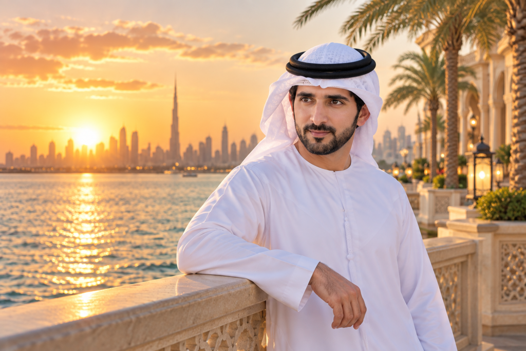Fazza wallpaper HD featuring Sheikh Hamdan at Dubai waterfront sunset