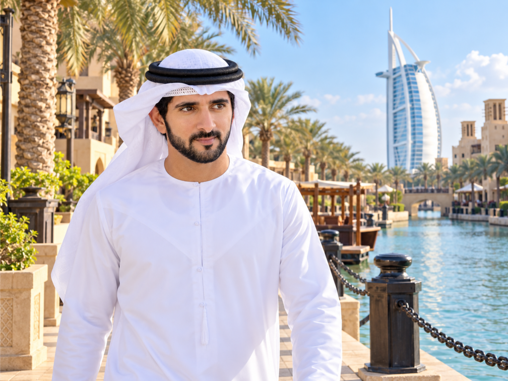 Fazza wallpaper HD featuring Sheikh Hamdan at a Dubai waterfront promenade