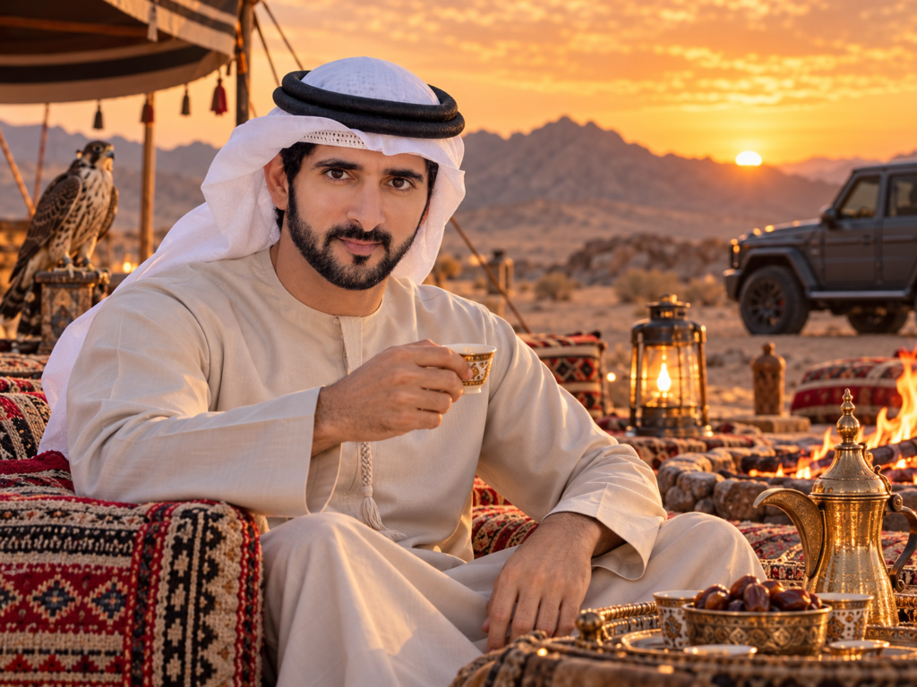 Fazza wallpaper HD featuring Sheikh Hamdan at a desert camp