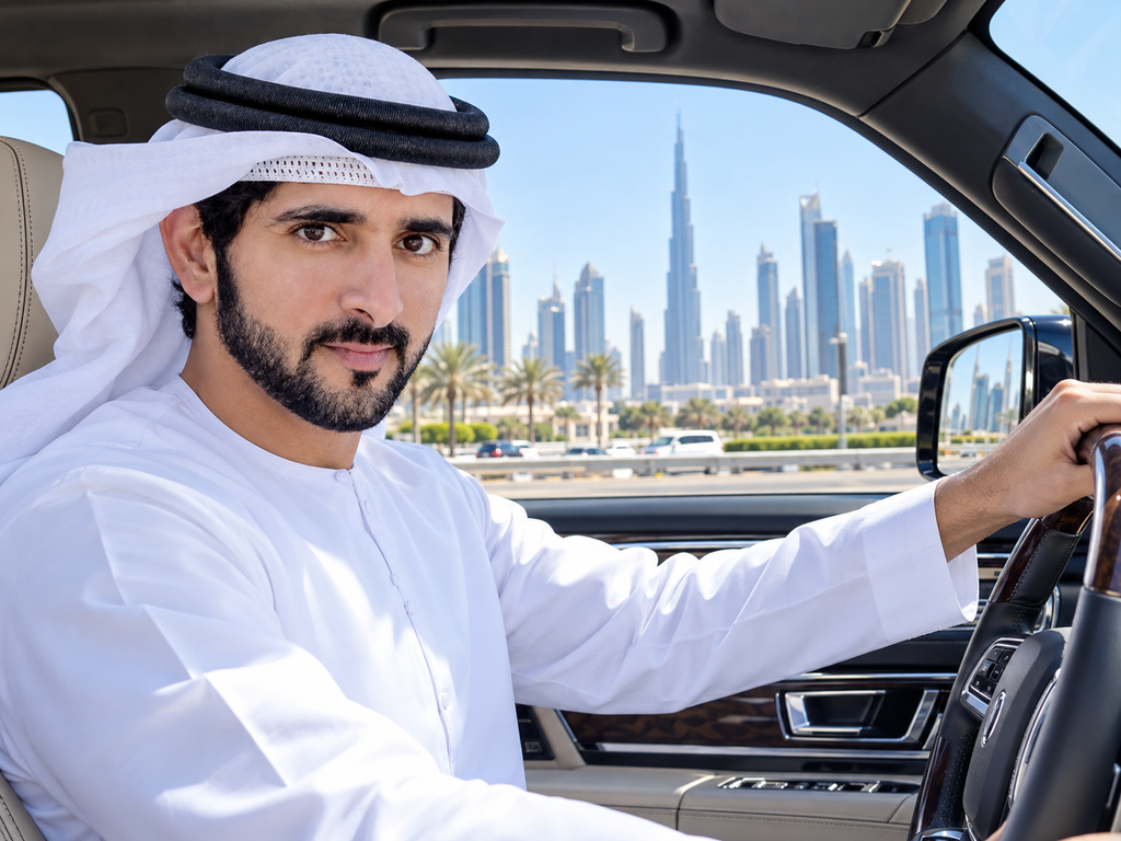 Fazza wallpaper HD featuring Sheikh Hamdan driving in Dubai