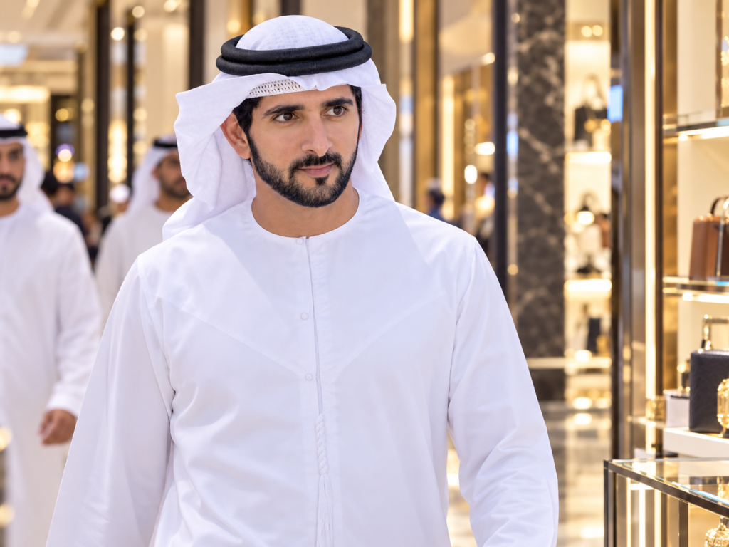 Fazza wallpaper HD featuring Sheikh Hamdan in a luxury shopping setting