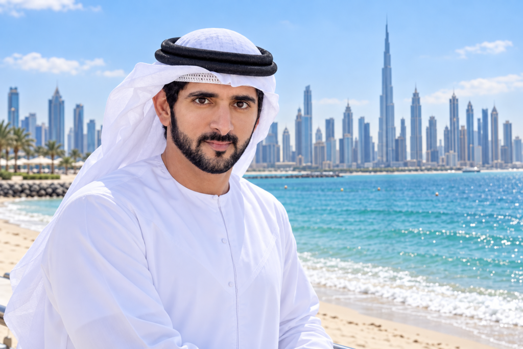 Fazza wallpaper HD featuring Sheikh Hamdan on Dubai beach with city skyline