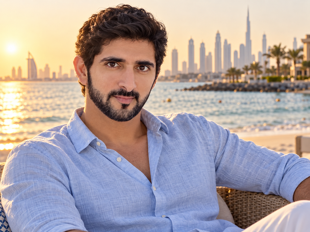 Fazza wallpaper HD featuring Sheikh Hamdan on a yacht at Dubai Marina sunset