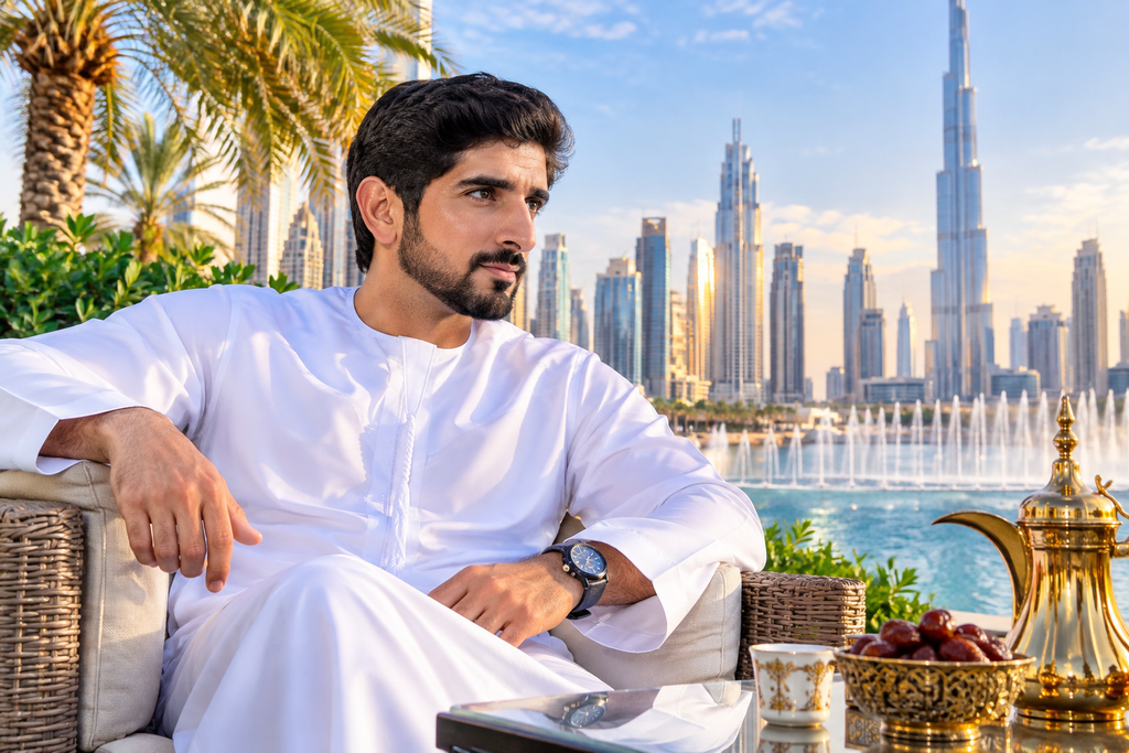 Fazza wallpaper HD featuring Sheikh Hamdan with Burj Khalifa and Arabian coffee