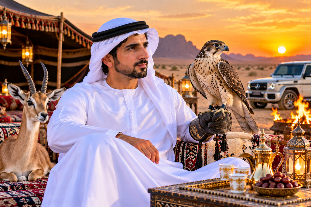 Fazza wallpaper HD featuring Sheikh Hamdan with a falcon and gazelle at a desert camp
