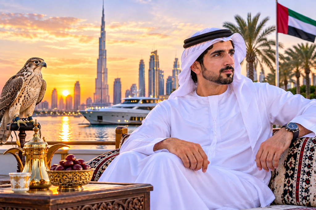 Fazza wallpaper HD featuring Sheikh Hamdan with a falcon at Dubai sunset