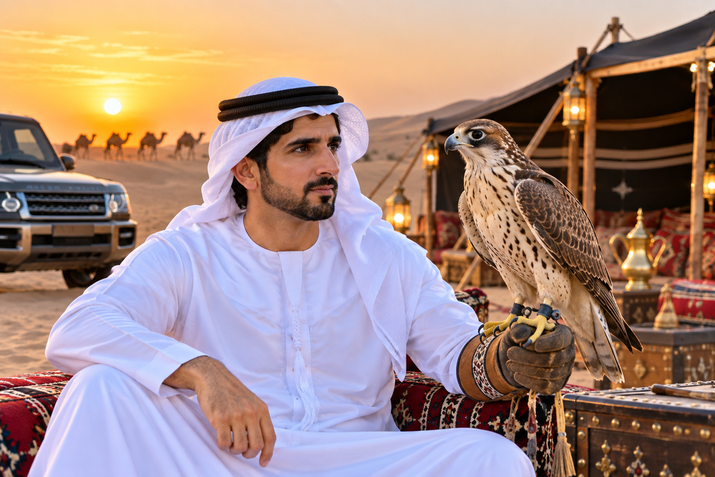 Fazza wallpaper HD featuring Sheikh Hamdan with a falcon at a desert camp