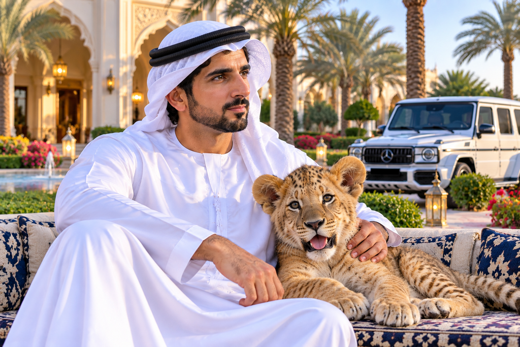 Fazza wallpaper HD featuring Sheikh Hamdan with a lion cub in a luxury garden