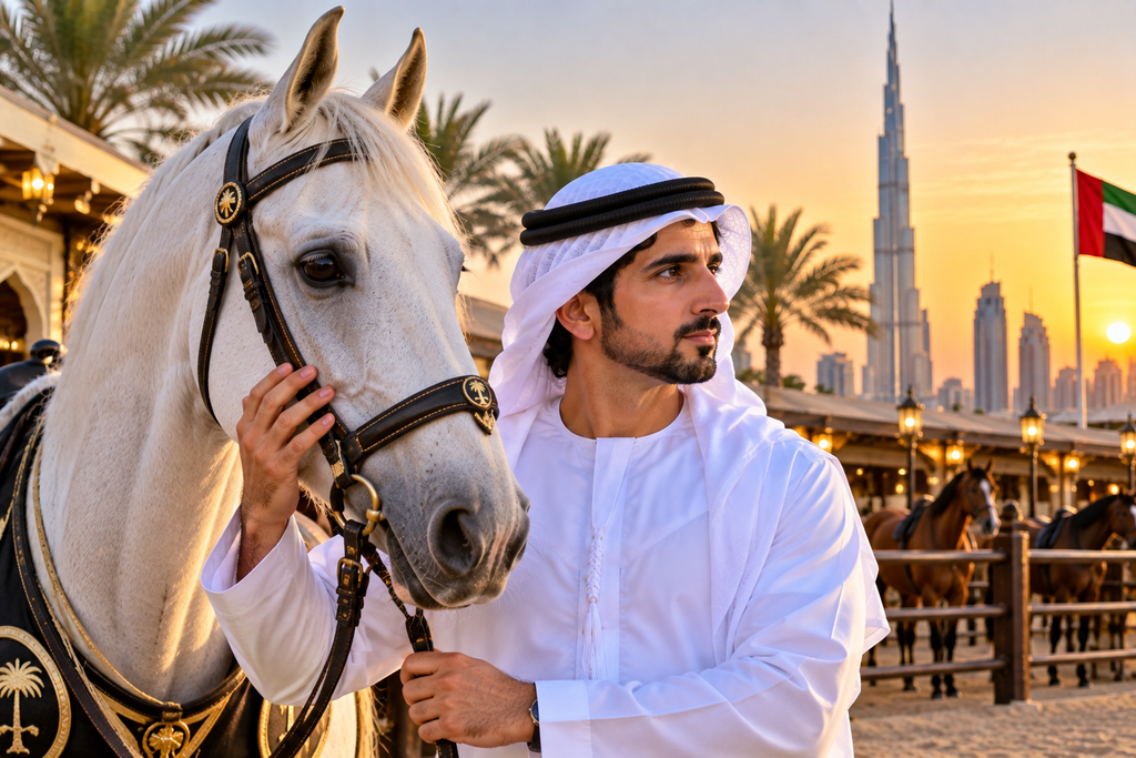 Fazza wallpaper HD featuring Sheikh Hamdan with an Arabian horse at Dubai sunset