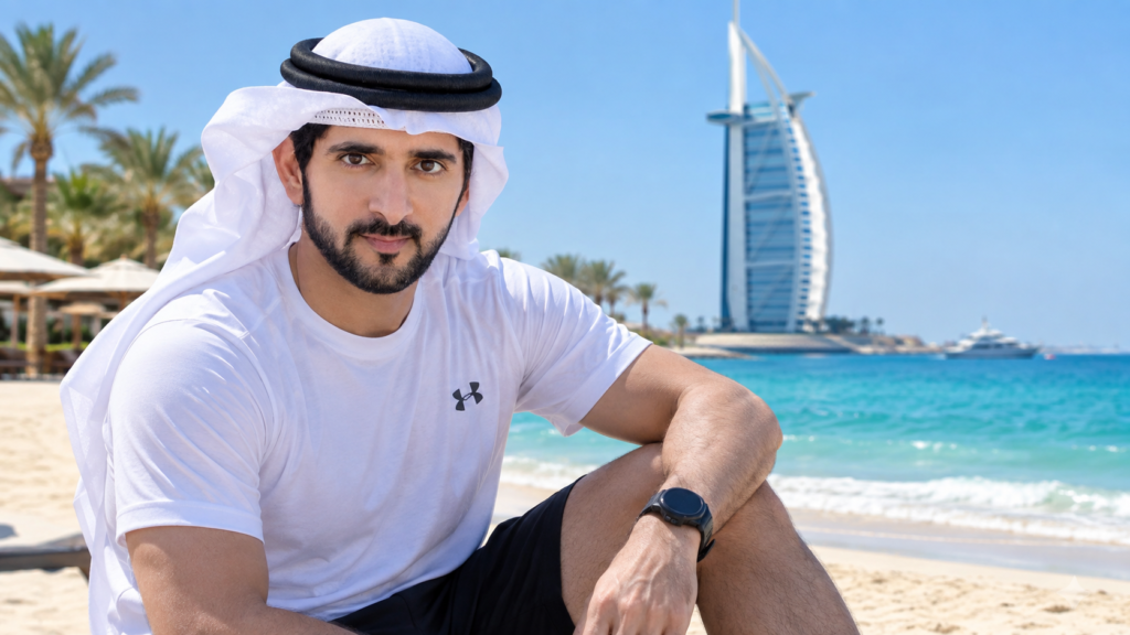 Sheikh Hamdan Fazza on Dubai beach with Burj Al Arab
