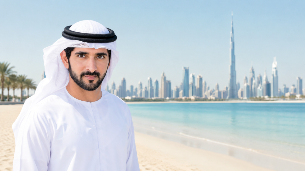 Beachside portrait with city skyline