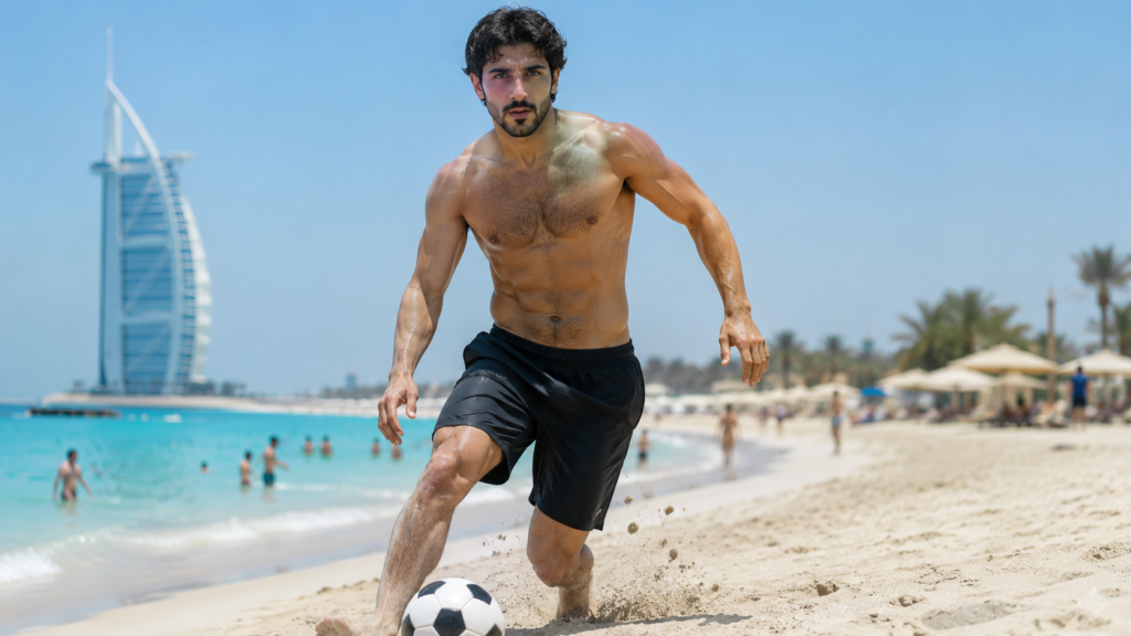 Fazza Playing Football on Dubai Beach