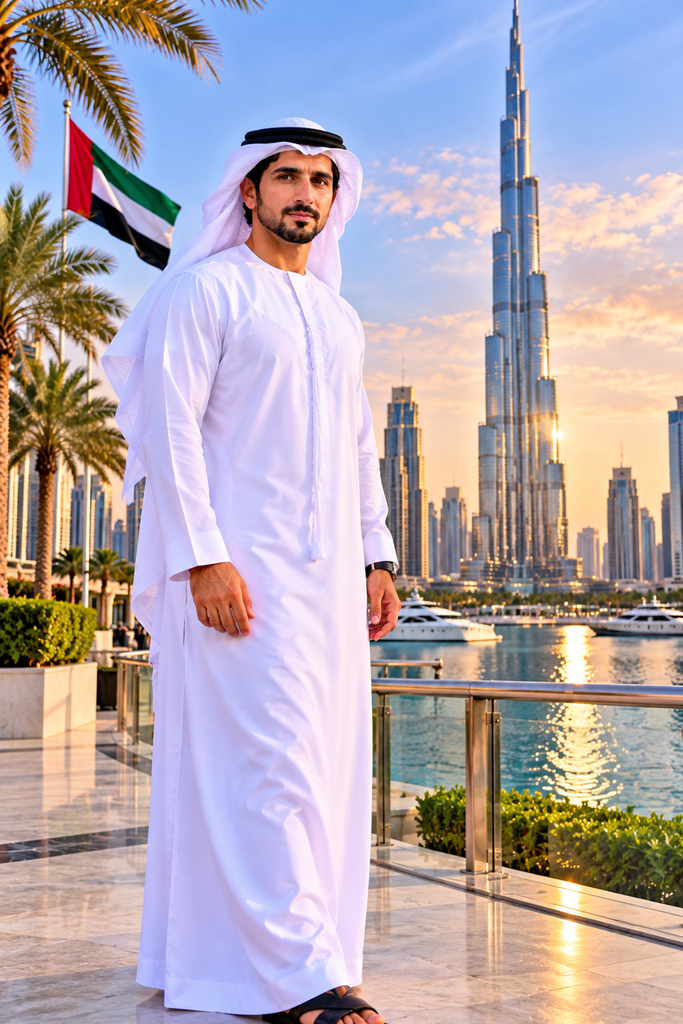 Fazza wallpaper HD featuring Sheikh Hamdan standing by Burj Khalifa at Dubai sunset
