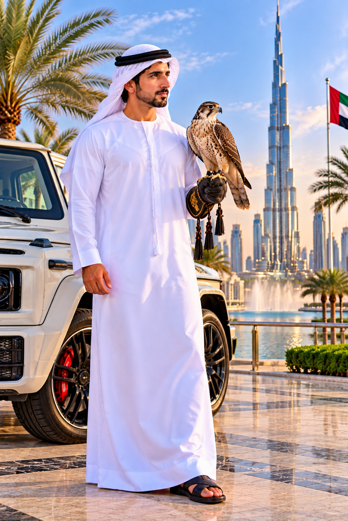 Fazza wallpaper HD featuring Sheikh Hamdan with a falcon and luxury SUV in Dubai