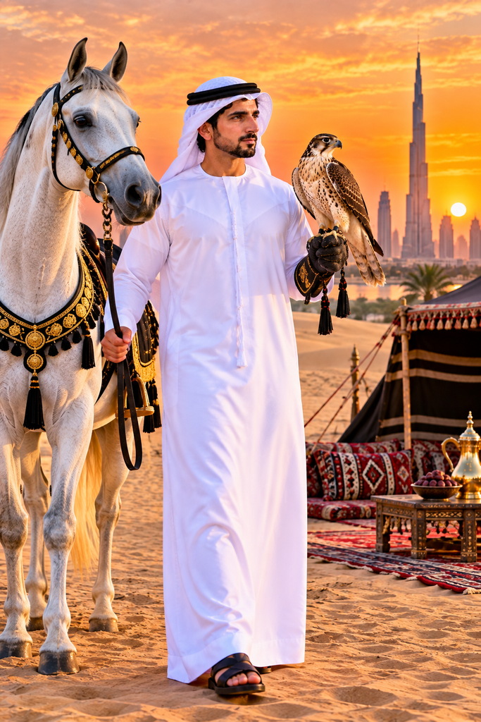 Fazza wallpaper HD featuring Sheikh Hamdan with an Arabian horse and falcon in Dubai desert