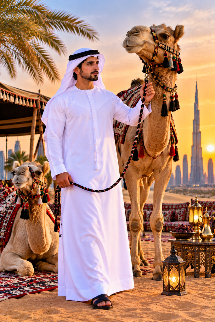 Fazza wallpaper HD featuring Sheikh Hamdan with camels in the Dubai desert
