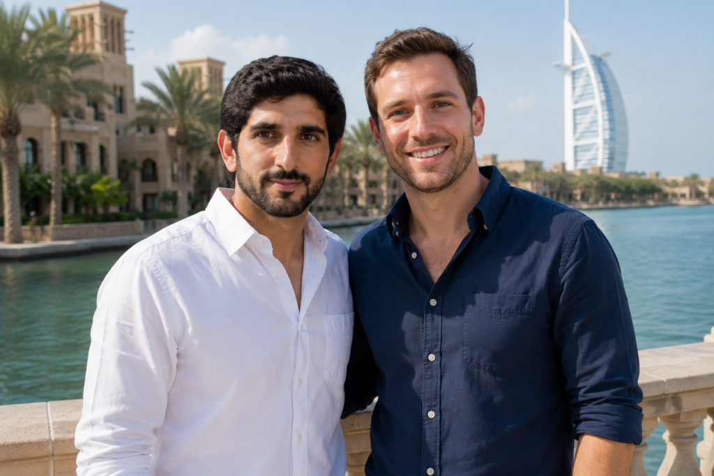 Waterfront friends at luxury promenade