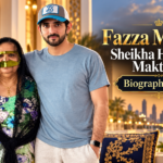 Featured image for biography article about Fazza’s mother, showing a young Emirati man standing beside an older woman with an elegant Dubai skyline background.