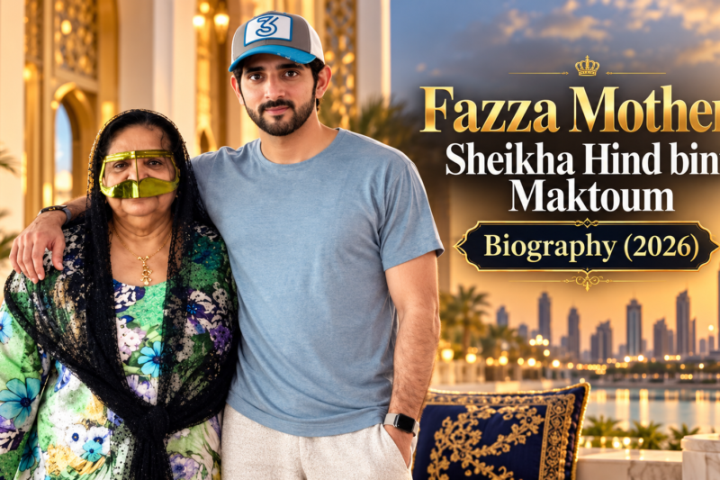 Featured image for biography article about Fazza’s mother, showing a young Emirati man standing beside an older woman with an elegant Dubai skyline background.