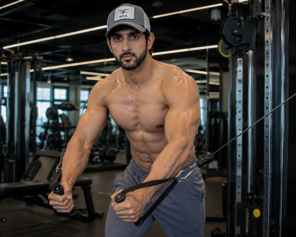 Fan-made Fazza gym image performing a cable chest exercise