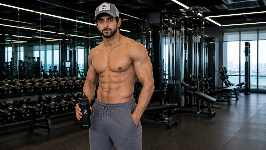 Fan-made Fazza fitness portrait holding a water bottle in a modern gym