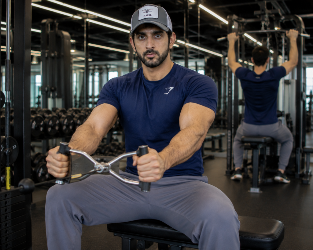 Fan-made Fazza fitness image using a seated cable row machine
