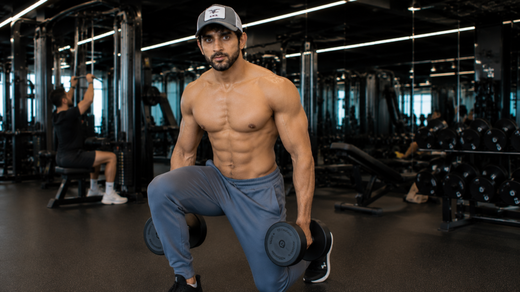 Fan-made Fazza advanced fitness image performing a dumbbell lunge