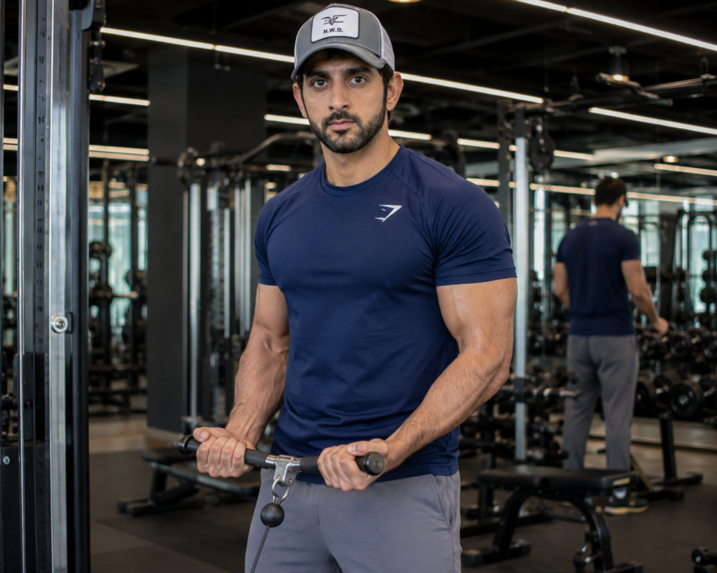 Fan-made Sheikh Hamdan standing at a cable machine in a modern gym