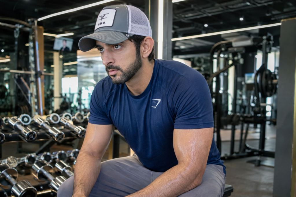 Fan-made Sheikh Hamdan Fazza gym portrait in a navy training shirt