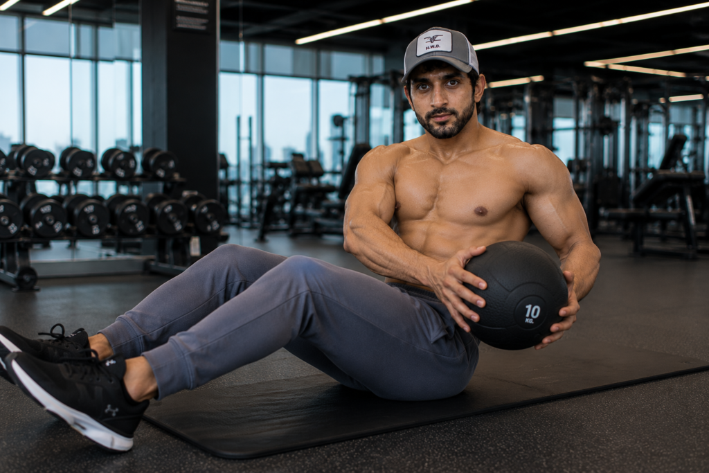 Fan-made Sheikh Hamdan core workout image holding a medicine ball